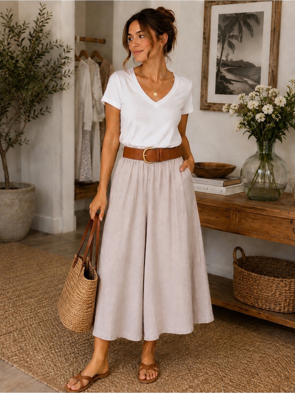 Women's Wide-Leg Linen Blend Culotte Pants in Light Taupe